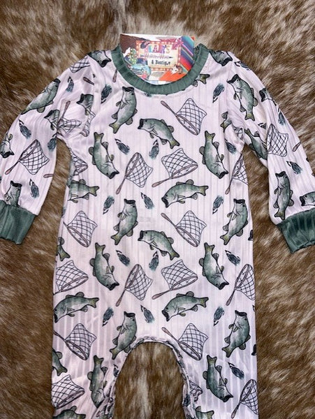 Baby's Long Sleeve Romper with Fish & Lures & Fishing Nets in Green & White - CATCH RELEASE - BLAIR'S WESTERN WEAR MARBLE FALLS, TX