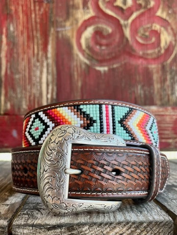 Men's Tooled Leather Belt with Beaded Aztec Work - N210004408 - Blair's Western Wear Marble Falls, TX 