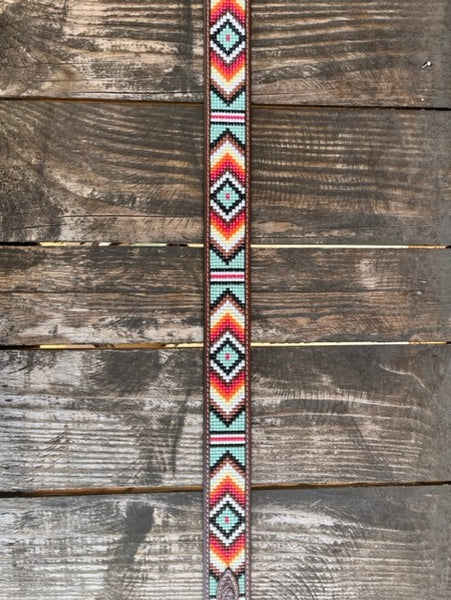 Men's Tooled Leather Belt with Beaded Aztec Work - N210004408 - Blair's Western Wear Marble Falls, TX