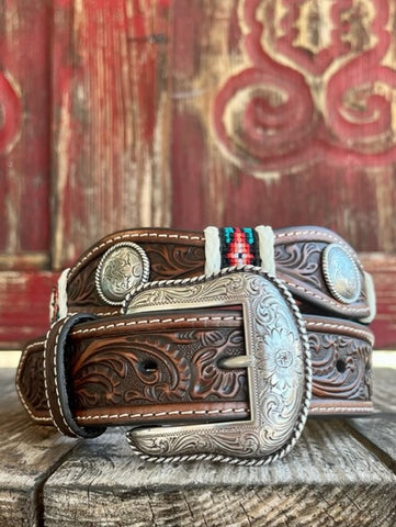 Men's Tooled Leather Belt in Brown Leather, Aztec Detailing, & Silver Conchos - N210003708 - Blair's Western Wear Marble Falls, TX 