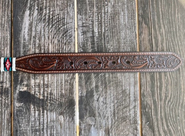 Men's Tooled Leather Belt in Brown Leather, Aztec Detailing, & Silver Conchos - N210003708 - Blair's Western Wear Marble Falls, TX