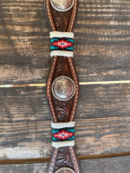 Men's Tooled Leather Belt in Brown Leather, Aztec Detailing, & Silver Conchos - N210003708 - Blair's Western Wear Marble Falls, TX