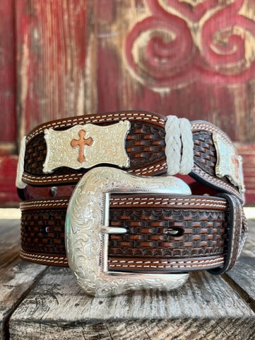 Men's Basket Weave Tooled Leather Belt in Brown & White With Etched Cross Conchos - 1805 - Blair's Western Wear Marble Falls, TX 