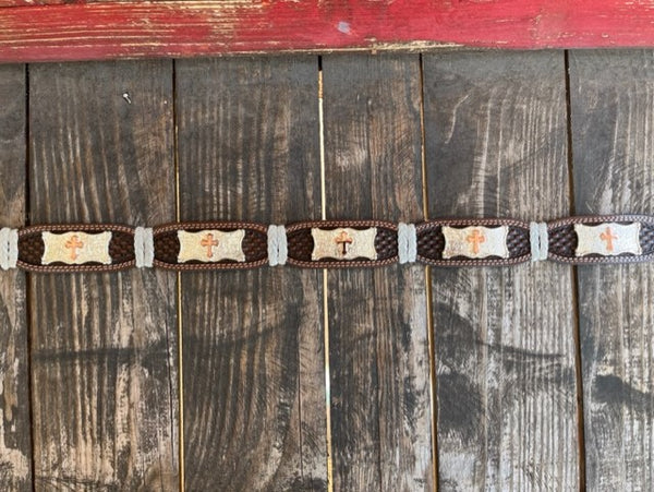 Men's Basket Weave Tooled Leather Belt in Brown & White With Etched Cross Conchos - 1805 - Blair's Western Wear Marble Falls, TX