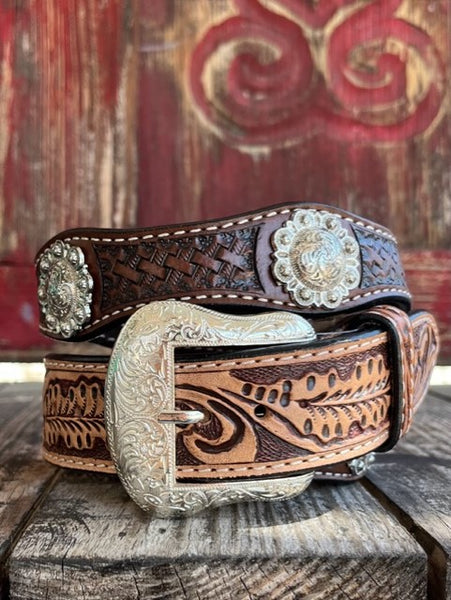 Men's Tooled Leather Belt with Silver Conchos - XABS1003 - Blair's Western Wear Marble Falls, TX 