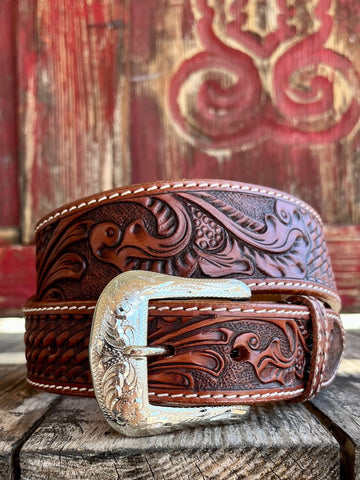 Men's Tooled and Basket Weave Leather Belt - IFB1004 - Blair's Western Wear Marble Falls, TX 