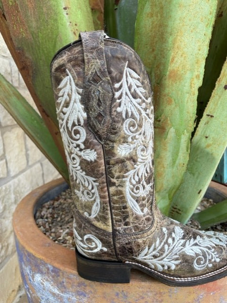 Ladies Distressed Brown Embroidered Dress Boot - A4063 - Blair's Western Wear Marble Falls, TX