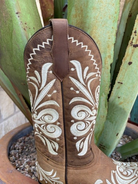 Ladies Circle G Embroidered Boot with Narrow Square Toe and Leather Sole in Brown & Natural - L5409 - Blair's Western Wear Marble Falls, TX