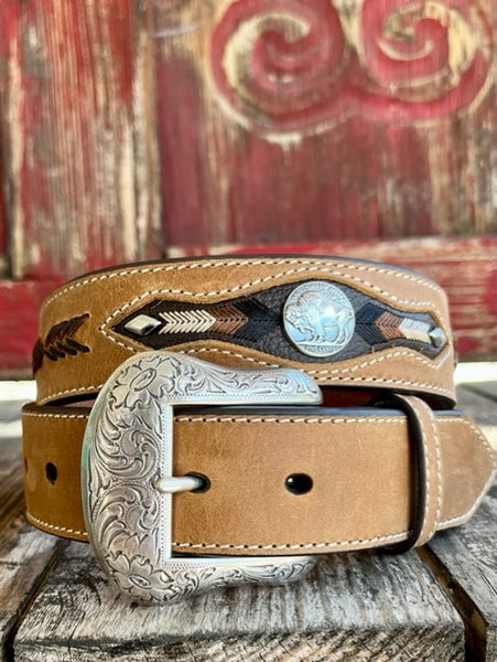 Men's Brown & Black Leather Belt with Buffalo Concho - N2412044 - Blair's Western Wear Marble Falls, TX