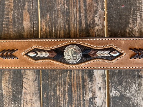 Men's Brown & Black Leather Belt with Buffalo Concho - N2412044 - Blair's Western Wear Marble Falls, TX