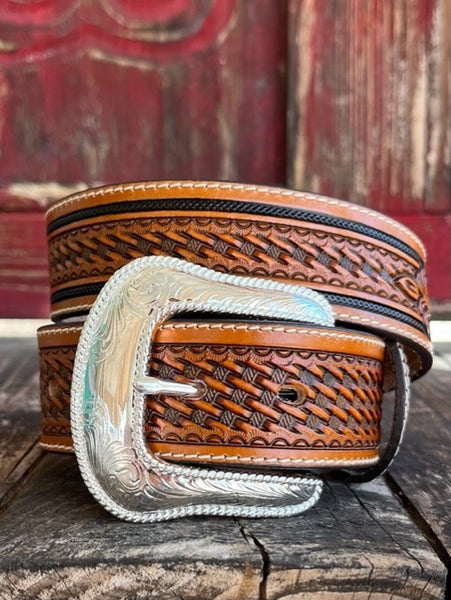 Men's Basket Weave Tooled Leather Belt in Brown & Black with Silver Stud Detailing - C42764 - Blair's Western Wear Marble Falls, TX 