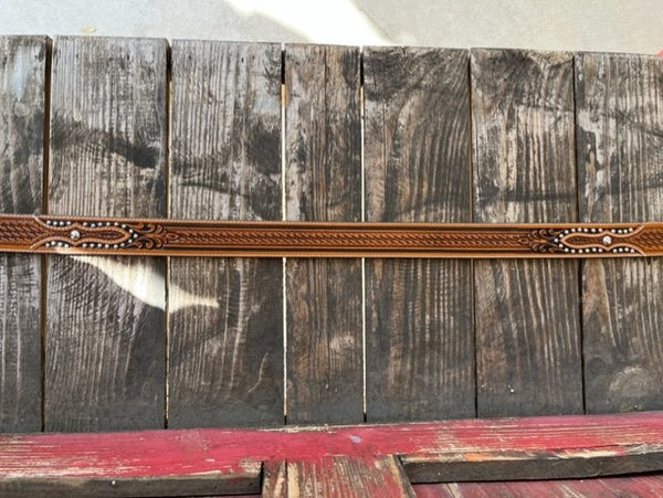 Men's Basket Weave Tooled Leather Belt in Brown & Black with Silver Stud Detailing - C42764 - Blair's Western Wear Marble Falls, TX