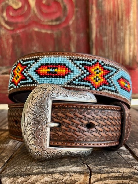Men's Brown Tooled Leather with Aztec Bead Work Belt - N2412808 - Blair's Western Wear Marble Falls, TX 