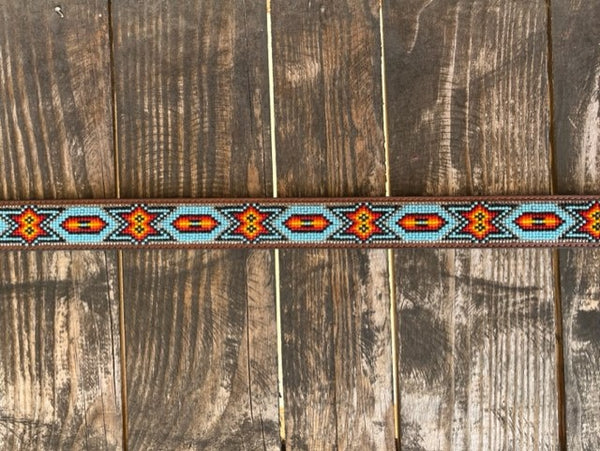 Men's Brown Tooled Leather with Aztec Bead Work Belt - N2412808 - Blair's Western Wear Marble Falls, TX