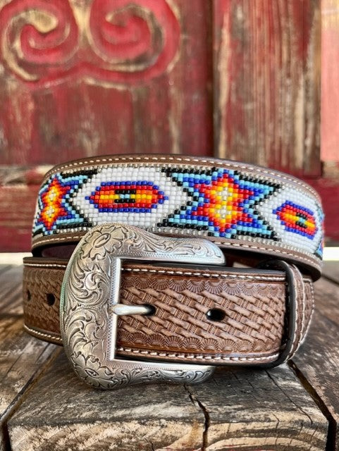 Men's Tooled Leather Basket Weave Belt With Aztec Bead Work in White Black Yellow Blue Red - N2412608 - Blair's Western Wear Marble Falls, TX 