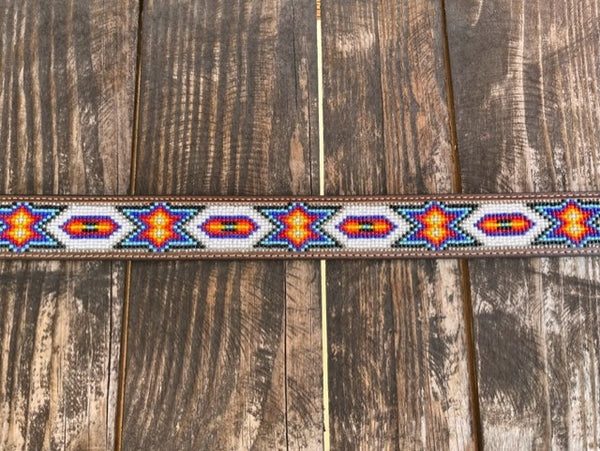 Men's Tooled Leather Basket Weave Belt With Aztec Bead Work in White Black Yellow Blue Red - N2412608 - Blair's Western Wear Marble Falls, TX