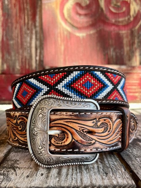 Men's Two Toned Tooled Leather Belt With Aztec Bead Work in Red, White, Black, Blue, Tan, & Chocolate - D100013308 - Blair's Western Wear Marble Falls, TX 