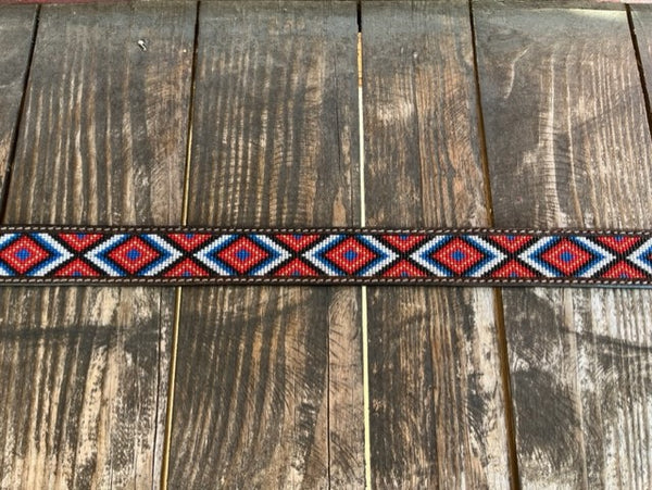 Men's Two Toned Tooled Leather Belt With Aztec Bead Work in Red, White, Black, Blue, Tan, & Chocolate - D100013308 - Blair's Western Wear Marble Falls, TX