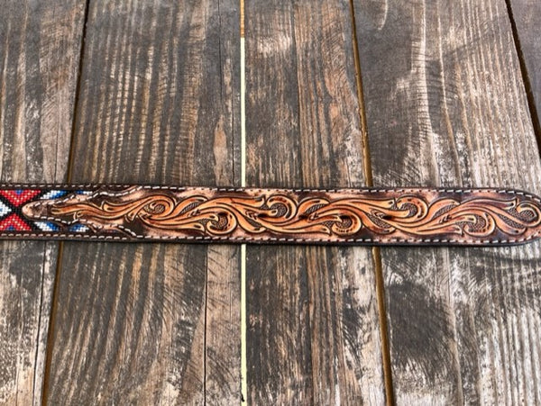 Men's Two Toned Tooled Leather Belt With Aztec Bead Work in Red, White, Black, Blue, Tan, & Chocolate - D100013308 - Blair's Western Wear Marble Falls, TX