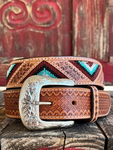 Men's Tooled Leather Belt with Inlayed Aztec Bead Work in a Triangle Pattern - WB-09H - Blair's Western Wear Marble Falls, TX 