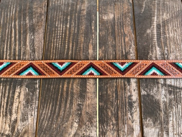 Men's Tooled Leather Belt with Inlayed Aztec Bead Work in a Triangle Pattern - WB-09H - Blair's Western Wear Marble Falls, TX