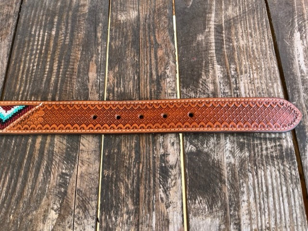 Men's Tooled Leather Belt with Inlayed Aztec Bead Work in a Triangle Pattern - WB-09H - Blair's Western Wear Marble Falls, TX