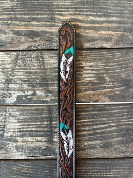 Men's Tooled Leather Belt in Two Toned & Tooled Feathers in Turquosie White & Black - A1038602 - Blair's Western Wear Marble Falls, TX