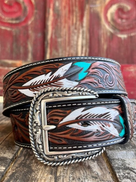Men's Tooled Leather Belt in Two Toned & Tooled Feathers in Turquosie White & Black - A1038602 - Blair's Western Wear Marble Falls, TX 