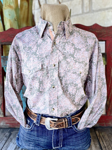 Olive/ Pink Men's Wrangler Western Print Shirt - 112344893 - Blair's Western Wear Marble Falls, TX