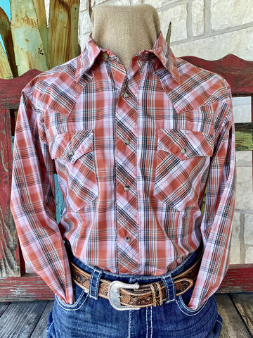 Salmon/ White Men's Wrangler Western Print Shirt - 112337980 - Blair's Western Wear Marble Falls, TX