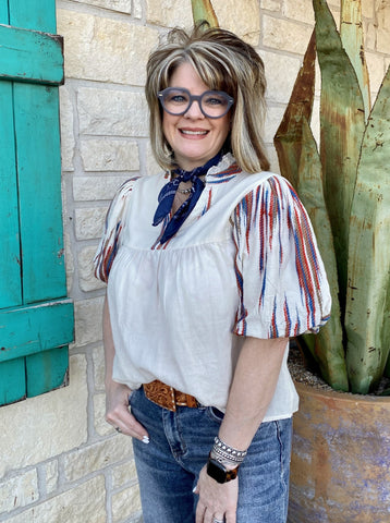 Off White Top with Red & Blue Ladies Embroidered Blouse SRT1704 - Blair's Western Wear Marble Falls, TX