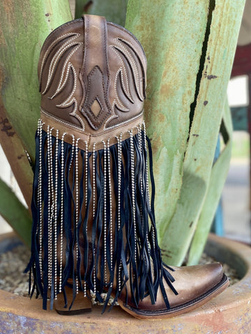 Brown with Black Fringe Ladies Western Corral Cowgirl Boot - C4016 - Blair's Western Wear Marble Falls, TX