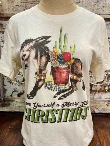 Ladies Christmas Graphic Tee Shirt with Pack Mule in Green Natural & Red & Gold - PACKMULE - BLAIR'S WESTERN WEAR MARBLE FALLS, TX 