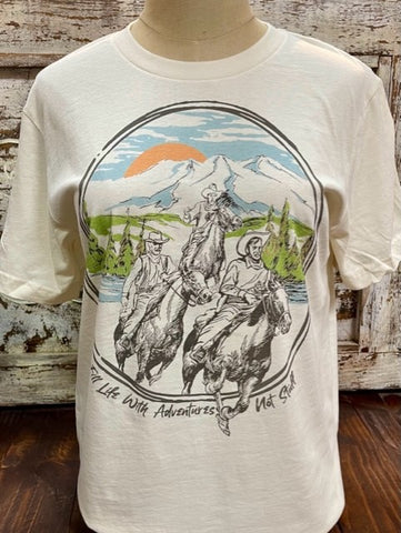 Ladies Western T-Shirt with Riding Cowboys & Mountains - ADVENTURES - BLAIR'S  WESTERN WEAR MARBLE FALLS. TX 