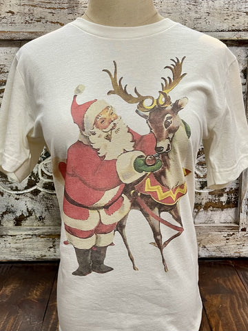 Ladies Natural & Red Graphic Vintage Tee - Santa's Reindeer - Blair's Western Wear Marble Falls, TX