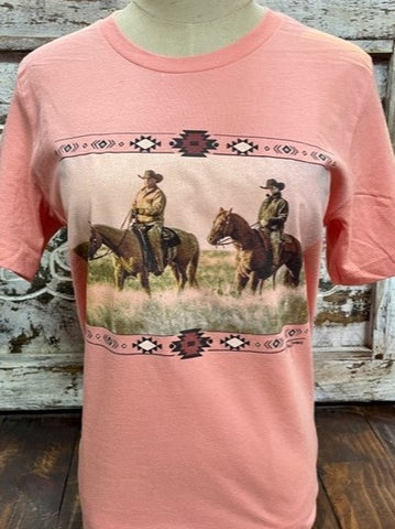 Ladies Peach Tee with Aztec Cowboy Ranchers - SW Cowboy - Blair's Western Wear Marble Falls, TX