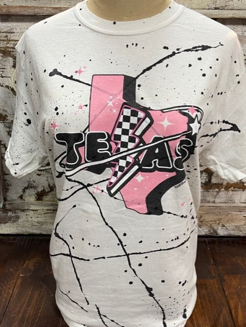 Ladies White/ Pink/ Black Splatter Paint Texas Tee - Planet Texas - Blair's Western Wear Marble Falls, TX