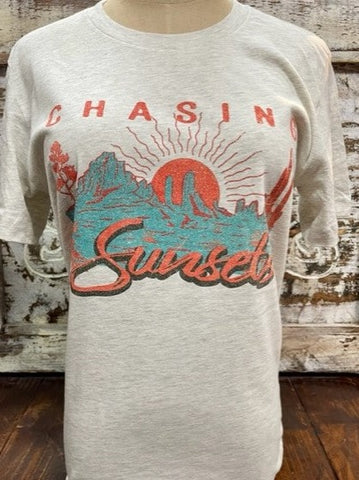 Ladies Natural Tee Turquoise and Orange mountain sunset - Chasing Sunsets - Blair's Western Wear Marble Falls, TX