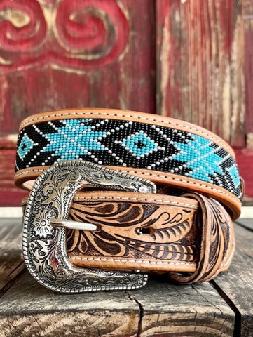 Men's Tooled Leather Belt in Black/White/Light Blue/Tan - 26RT38 - Blair's Western Wear Marble Falls, TX 
