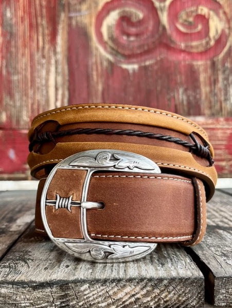 Men's Brown Leather Western Belt with Barbwire Inlay - C10817 - Blair's Western Wear Marble Falls, TX
