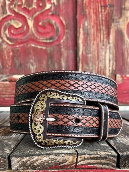 Men's Tooled Leather Belt in Black & Red with Gold & Rose Gold - N2100012133 - Blair's Western Wear Marble Falls, TX 