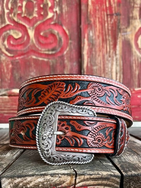 Men's Two Toned Leather Belt in Black & Cherry Brown Tooled Leather - N2496908 - Blair's Western Wear Marble Falls, TX 