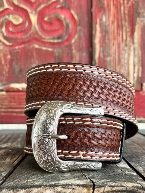 Men's Basket Weave Tooled Leather Belt in Brown & White - IB1282 - Blair's Western Wear Marble Falls, TX 