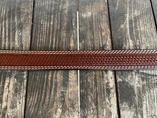 Men's Basket Weave Tooled Leather Belt in Brown & White - IB1282 - Blair's Western Wear Marble Falls, TX