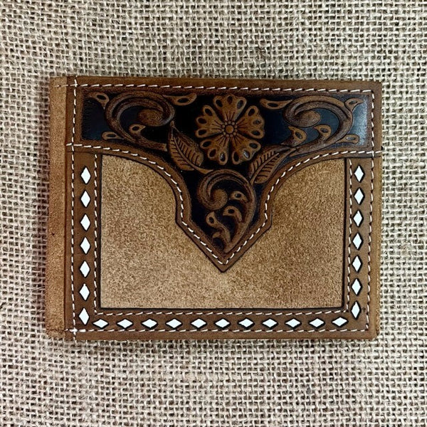 Men's Leather Ruffout Bifold WIth Tooled Overlayed Leather - N5415908 - Blair's Western Wear Marble Falls, TX 
