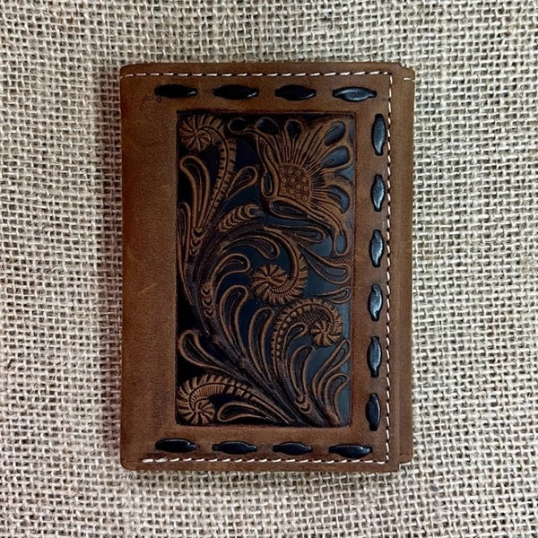 Men's Tooled Leather Trifold With Rawhide Stitch in Brown - N5415402 - Blair's Western Wear in Marble Falls, TX 