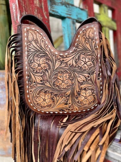 Women's Tooled Leather Purse With Rawhide Stitching & Fringe Detailing - ADBGZ473 - BLAIR'S WESTERN WEAR MARBLE FALLS, TX 
