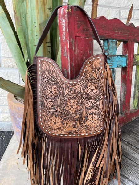 Women's Tooled Leather Purse With Rawhide Stitching & Fringe Detailing - ADBGZ473 - BLAIR'S WESTERN WEAR MARBLE FALLS, TX