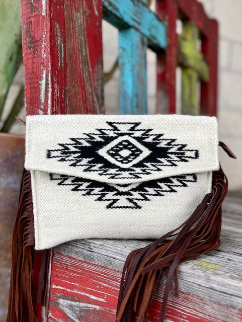 Ladies Aztec Blanket Purse in White & Black & Fringe Sides - ADBGS178BG - BLAIR'S WESTERN WEAR MARBLE FALLS, TX 