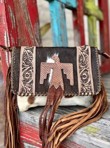 Ladies Cowhide & Tooled Leather Purse with Fringe Sides - ADBG499BRW - BLAIR'S WESTERN WEAR MARBLE FALLS, TX 